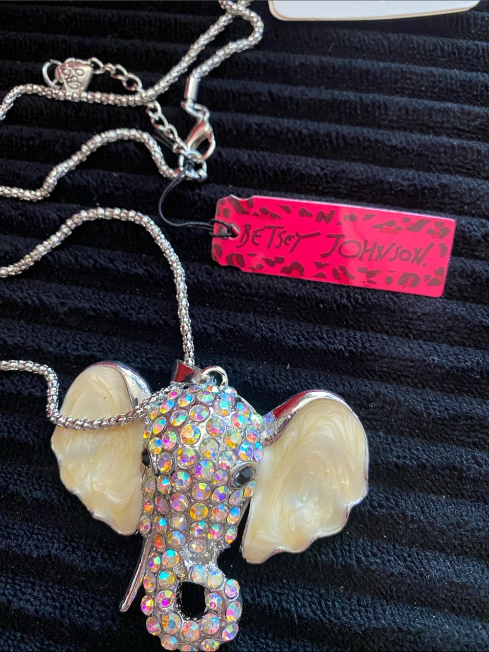 Betsey Johnson Iridescent Crystal Elephant Necklace with Cream Ears